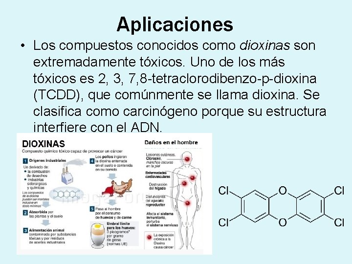 Aplicaciones • Los compuestos conocidos como dioxinas son extremadamente tóxicos. Uno de los más