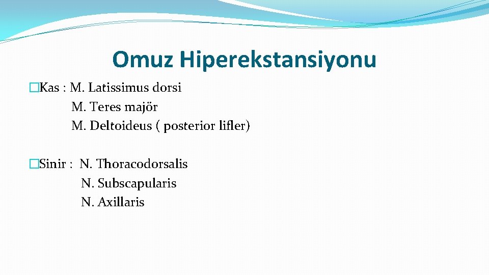 Omuz Hiperekstansiyonu �Kas : M. Latissimus dorsi M. Teres majör M. Deltoideus ( posterior