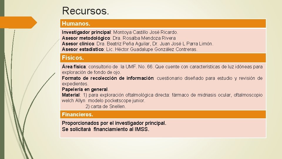 Recursos. Humanos. Investigador principal: Montoya Castillo José Ricardo. Asesor metodológico: Dra. Rosalba Mendoza Rivera