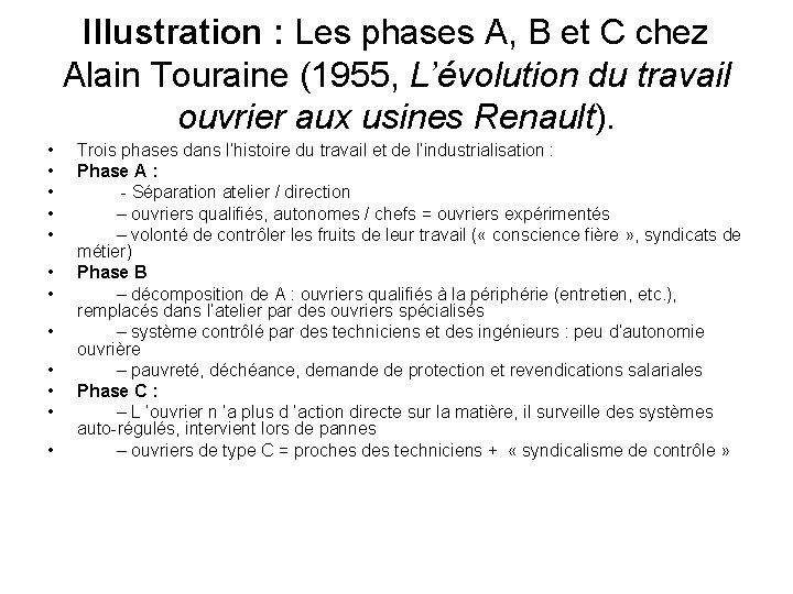 Illustration : Les phases A, B et C chez Alain Touraine (1955, L’évolution du