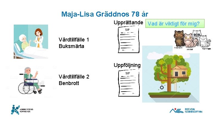 Maja-Lisa Gräddnos 78 år Upprättande Vad är viktigt för mig? SIP Vårdtillfälle 1 Buksmärta