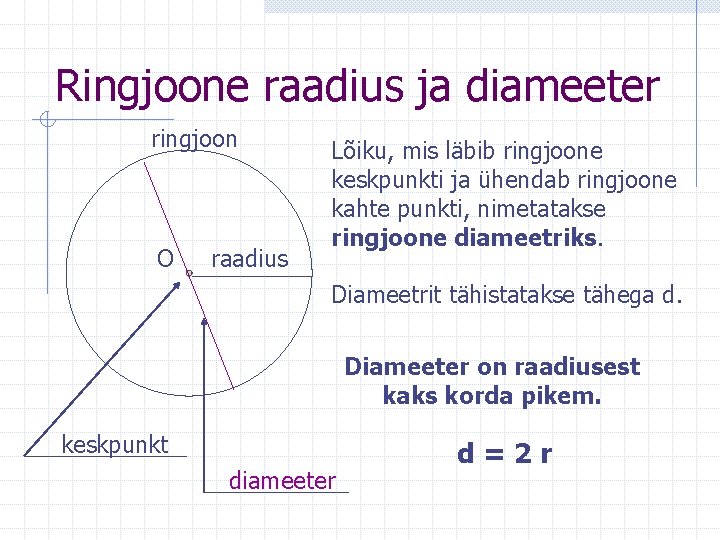 Ringjoone raadius ja diameeter ringjoon O raadius Lõiku, mis läbib ringjoone keskpunkti ja ühendab