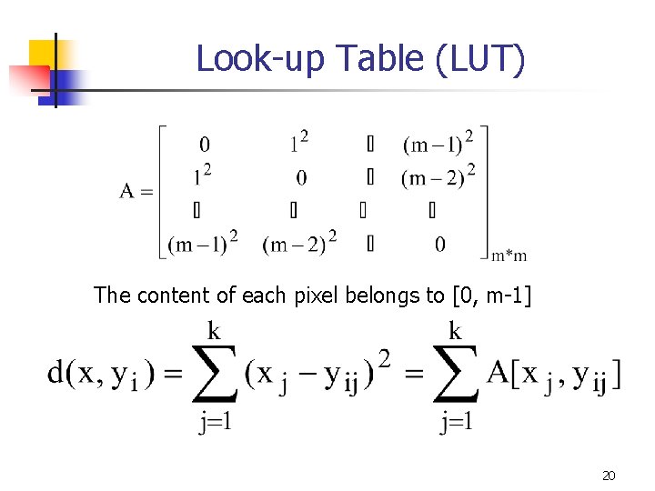 Look-up Table (LUT) The content of each pixel belongs to [0, m-1] 20 