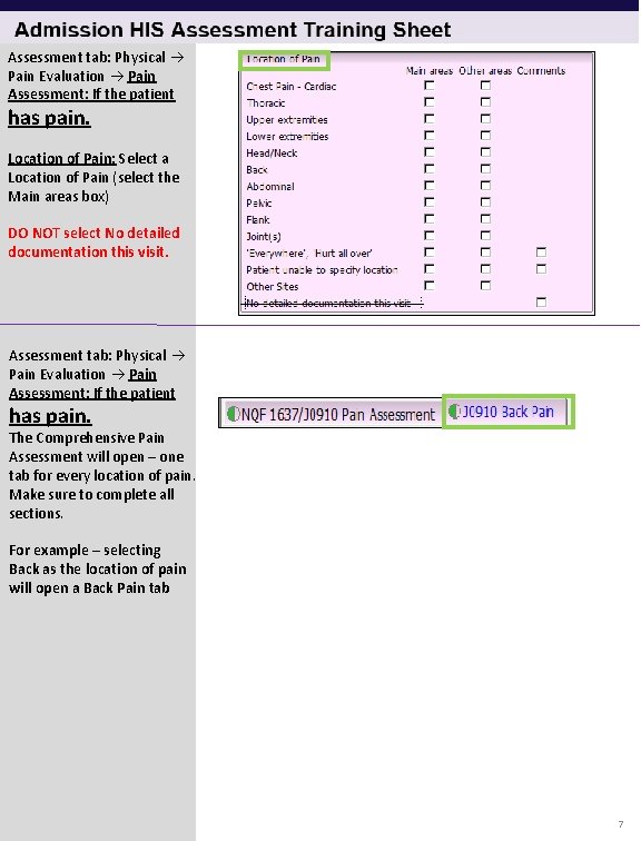 Assessment tab: Physical Pain Evaluation Pain Assessment: If the patient has pain. Location of