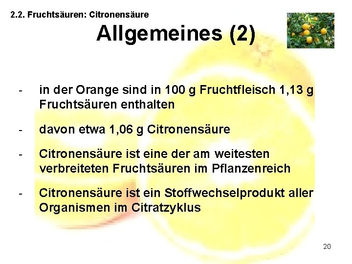 2. 2. Fruchtsäuren: Citronensäure Allgemeines (2) - in der Orange sind in 100 g