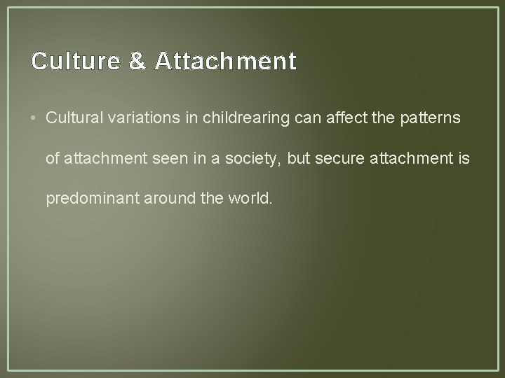 Culture & Attachment • Cultural variations in childrearing can affect the patterns of attachment