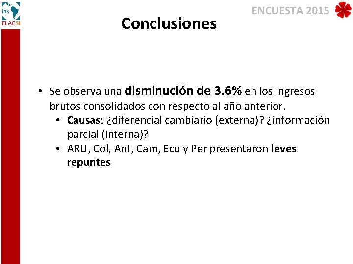 Conclusiones ENCUESTA 2015 • Se observa una disminución de 3. 6% en los ingresos