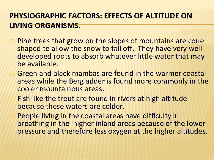 PHYSIOGRAPHIC FACTORS: EFFECTS OF ALTITUDE ON LIVING ORGANISMS. Pine trees that grow on the PHYSIOGRAPHIC FACTORS: EFFECTS OF ALTITUDE ON LIVING ORGANISMS. Pine trees that grow on the
