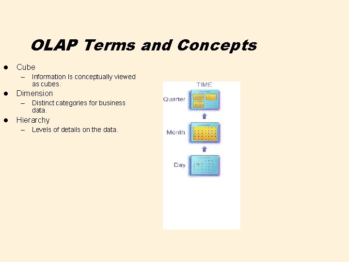 OLAP Terms and Concepts l Cube – Information Is conceptually viewed as cubes. l
