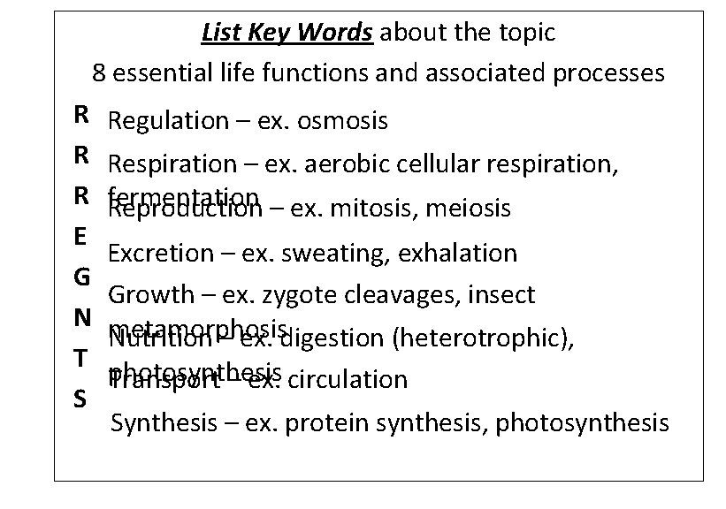 List Key Words about the topic 8 essential life functions and associated processes R