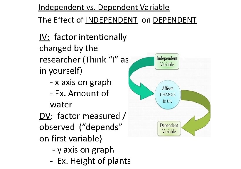 Independent vs. Dependent Variable The Effect of INDEPENDENT on DEPENDENT IV: factor intentionally changed