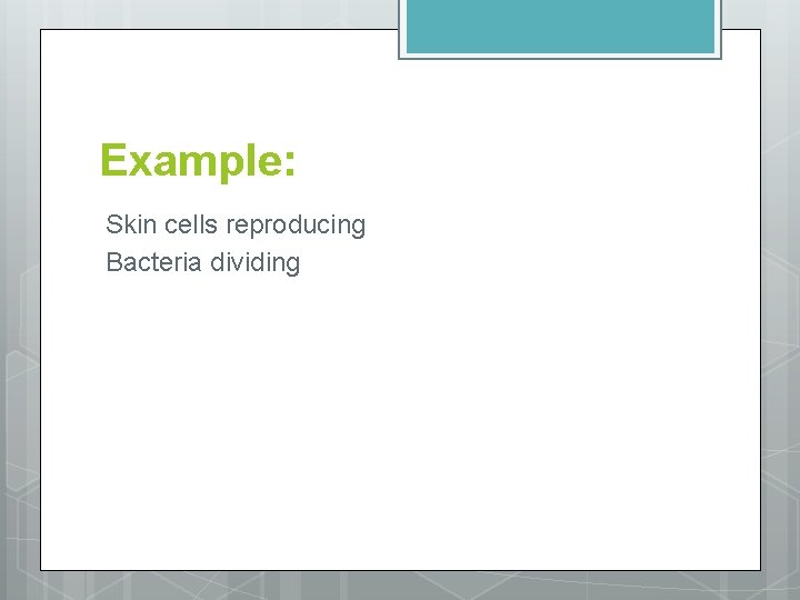 Example: Skin cells reproducing Bacteria dividing 