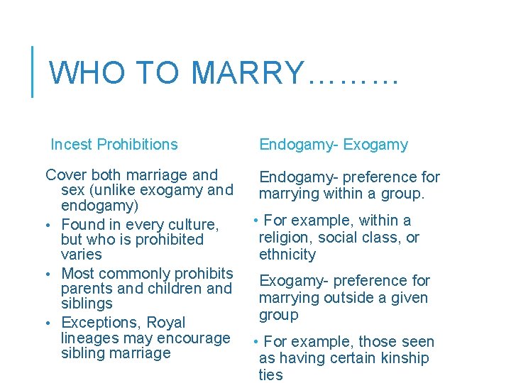 WHO TO MARRY……… Incest Prohibitions Cover both marriage and sex (unlike exogamy and endogamy) WHO TO MARRY……… Incest Prohibitions Cover both marriage and sex (unlike exogamy and endogamy)