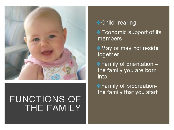 v. Child- rearing v. Economic support of its members v. May or may not v. Child- rearing v. Economic support of its members v. May or may not