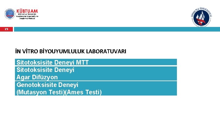 19 İN VİTRO BİYOUYUMLULUK LABORATUVARI Sitotoksisite Deneyi MTT Sitotoksisite Deneyi Agar Difüzyon Genotoksisite Deneyi