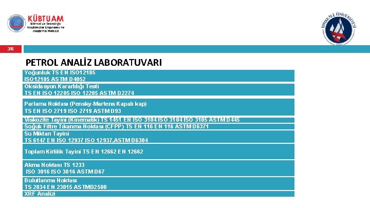 38 PETROL ANALİZ LABORATUVARI Yoğunluk TS EN ISO 12185 ASTM D 4052 Oksidasyon Kararlılığı