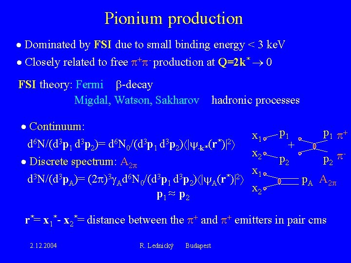 Pionium production Dominated by FSI due to small binding energy < 3 ke. V