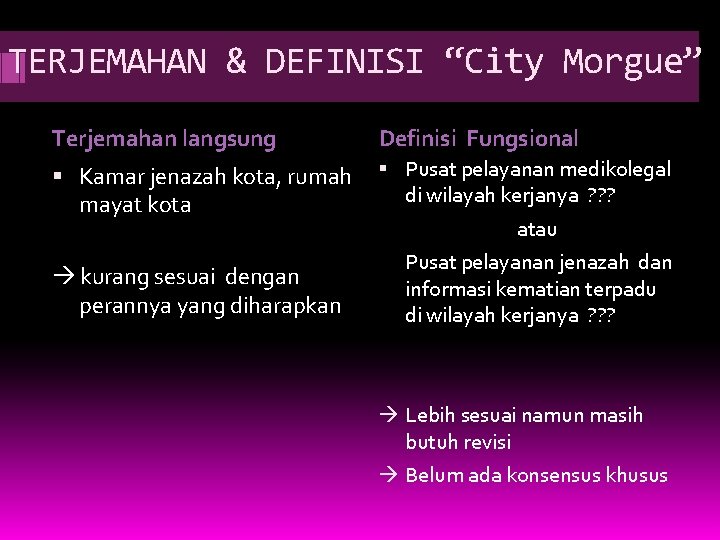 TERJEMAHAN & DEFINISI “City Morgue” Terjemahan langsung Definisi Fungsional Kamar jenazah kota, rumah mayat TERJEMAHAN & DEFINISI “City Morgue” Terjemahan langsung Definisi Fungsional Kamar jenazah kota, rumah mayat