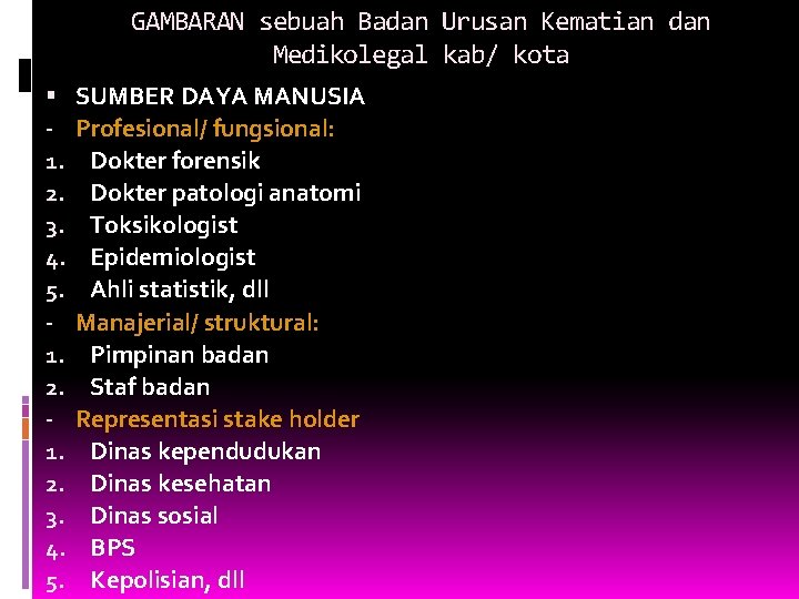 GAMBARAN sebuah Badan Urusan Kematian dan Medikolegal kab/ kota 1. 2. 3. 4. 5. GAMBARAN sebuah Badan Urusan Kematian dan Medikolegal kab/ kota 1. 2. 3. 4. 5.