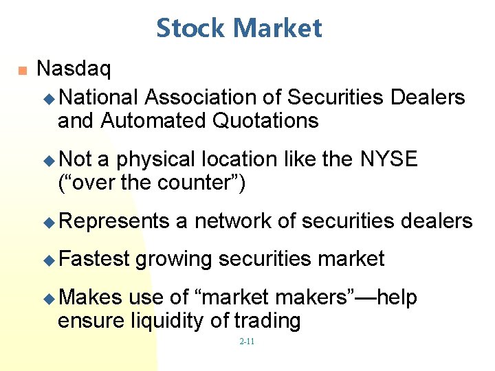 Stock Market n Nasdaq u National Association of Securities Dealers and Automated Quotations u
