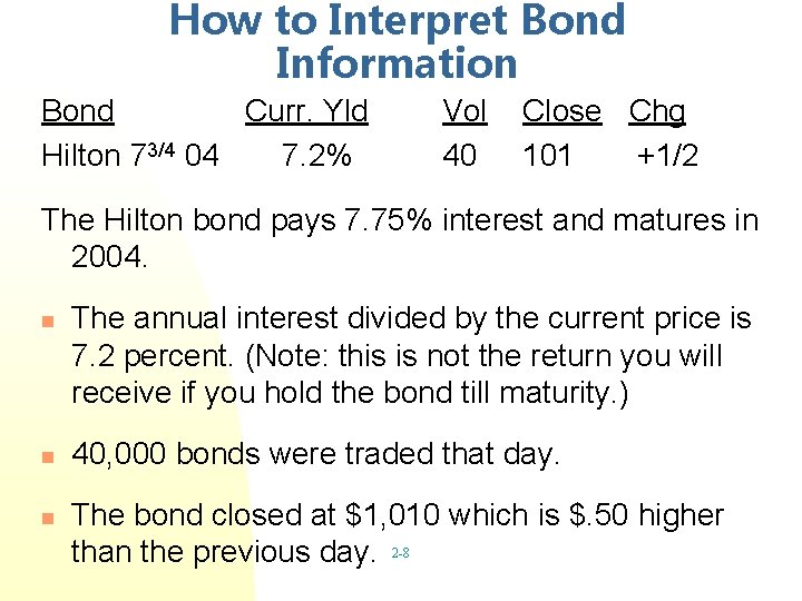 How to Interpret Bond Information Bond Curr. Yld Hilton 73/4 04 7. 2% Vol