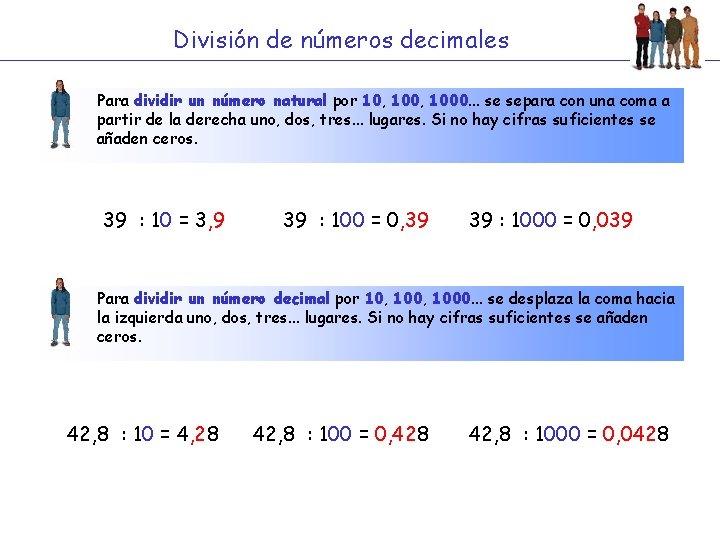 División de números decimales Para dividir un número natural por 10, 1000. . .