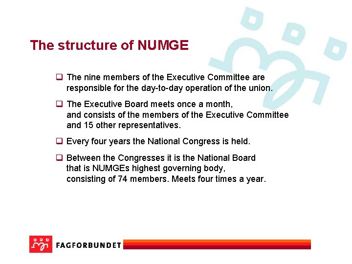 The structure of NUMGE q The nine members of the Executive Committee are responsible