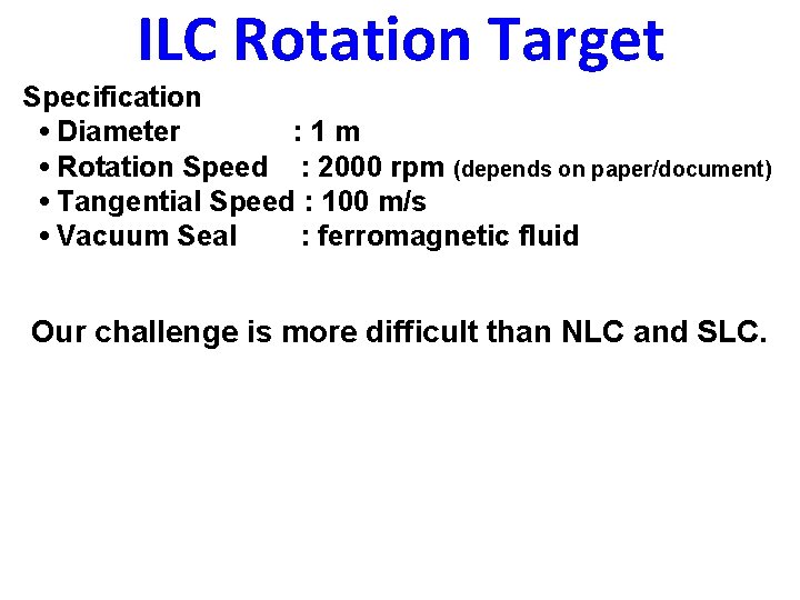 ILC Rotation Target Specification • Diameter : 1 m • Rotation Speed : 2000