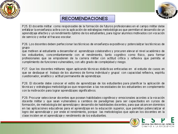 RECOMENDACIONES P 25. El docente militar como responsable de la formación de futuros profesionales