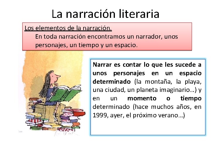 La narración literaria Los elementos de la narración. En toda narración encontramos un narrador,