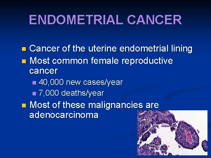ENDOMETRIAL CANCER Cancer of the uterine endometrial lining n Most common female reproductive cancer