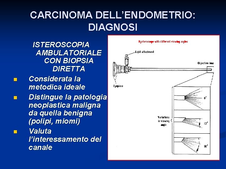 CARCINOMA DELL’ENDOMETRIO: DIAGNOSI n n n ISTEROSCOPIA AMBULATORIALE CON BIOPSIA DIRETTA Considerata la metodica