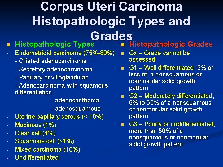 n • • Corpus Uteri Carcinoma Histopathologic Types and Grades Histopathologic Types n Histopathologic