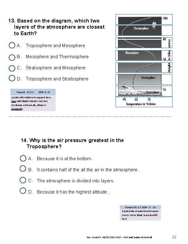 13. Based on the diagram, which two layers of the atmosphere are closest to