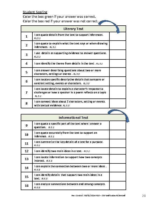 Student Scoring Color the box green if your answer was correct. Color the box