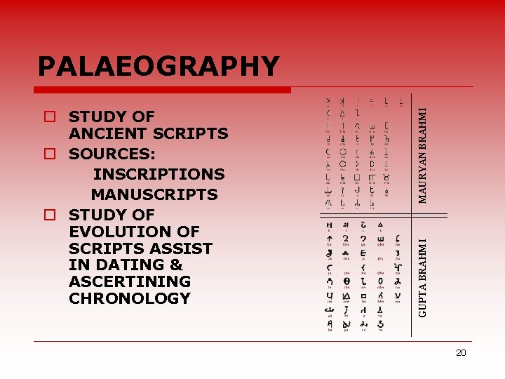 GUPTA BRAHMI o STUDY OF ANCIENT SCRIPTS o SOURCES: INSCRIPTIONS MANUSCRIPTS o STUDY OF