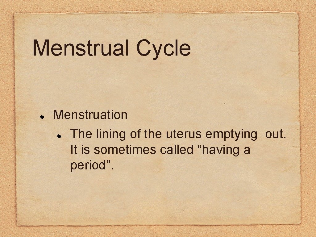 Menstrual Cycle Menstruation The lining of the uterus emptying out. It is sometimes called