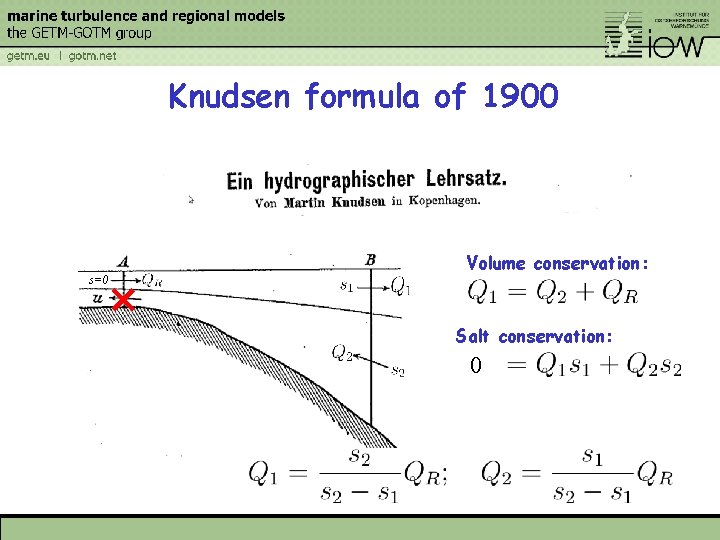 Knudsen formula of 1900 s=0 Volume conservation: Salt conservation: 0 