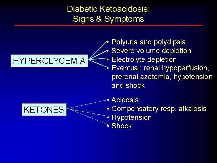 Diabetic Ketoacidosis: Signs & Symptoms HYPERGLYCEMIA KETONES • • Polyuria and polydipsia Severe volume