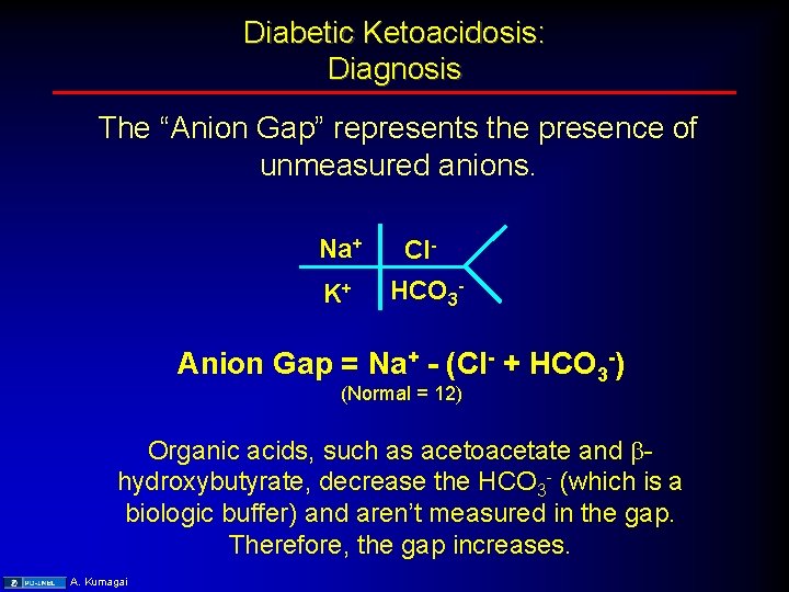 Diabetic Ketoacidosis: Diagnosis The “Anion Gap” represents the presence of unmeasured anions. Na+ Cl-
