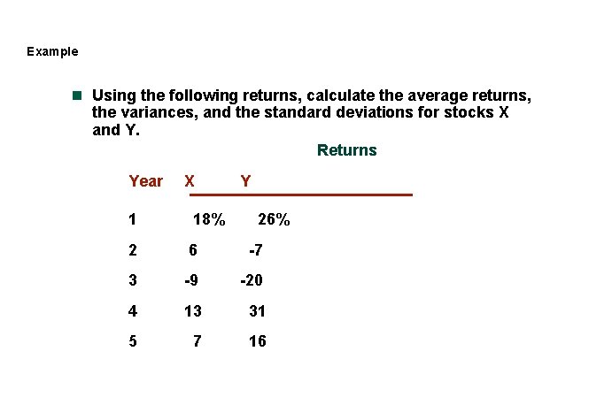 Example n Using the following returns, calculate the average returns, the variances, and the