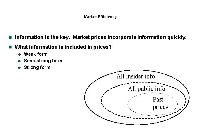 Market Efficiency n Information is the key. Market prices incorporate information quickly. n What