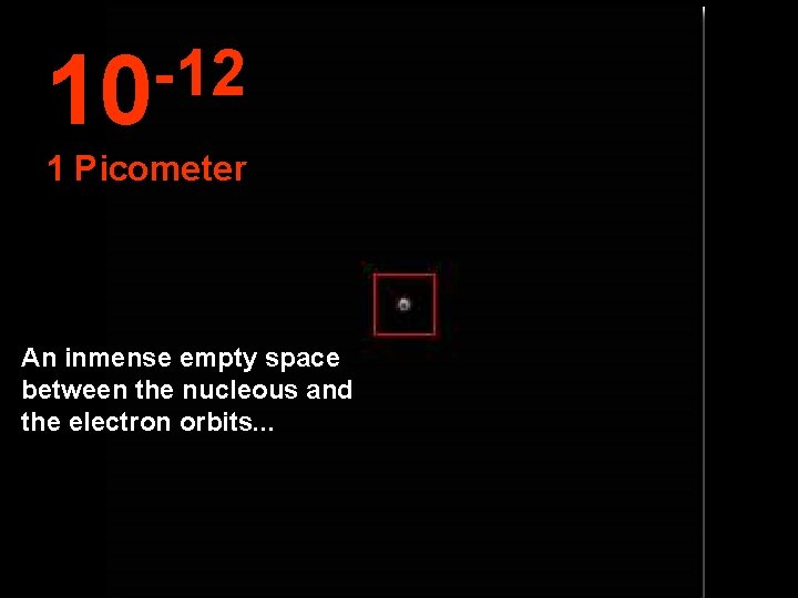 -12 10 1 Picometer An inmense empty space between the nucleous and the electron