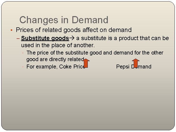 Changes in Demand • Prices of related goods affect on demand – Substitute goods