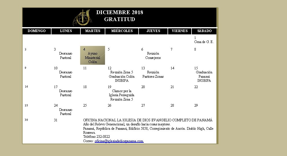 DICIEMBRE 2018 GRATITUD DOMINGO LUNES MARTES MIÉRCOLES JUEVES VIERNES SÁBADO 1 Cena de G.
