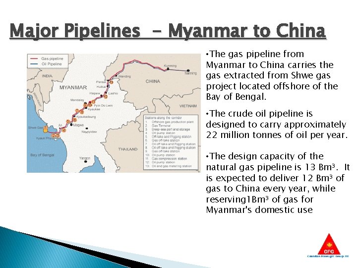 Major Pipelines - Myanmar to China • The gas pipeline from Myanmar to China