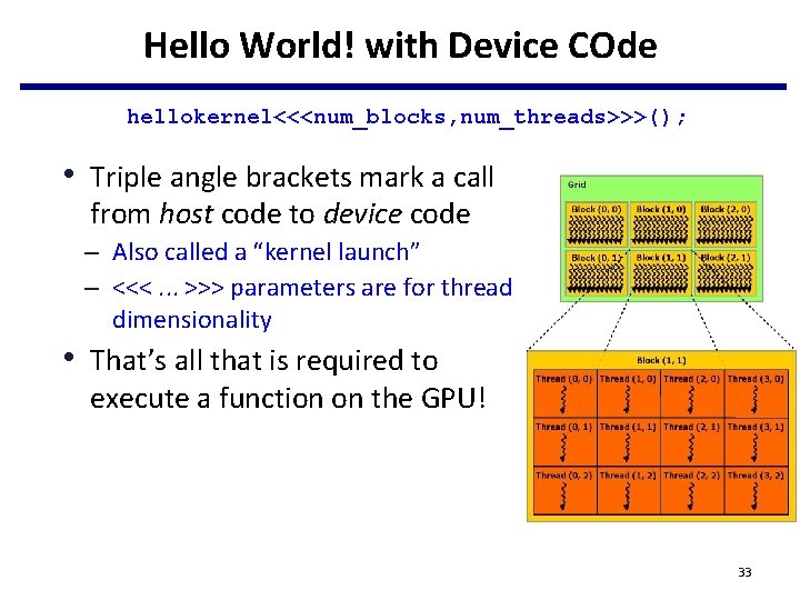 Hello World! with Device COde hellokernel<<<num_blocks, num_threads>>>(); • Triple angle brackets mark a call Hello World! with Device COde hellokernel<<<num_blocks, num_threads>>>(); • Triple angle brackets mark a call