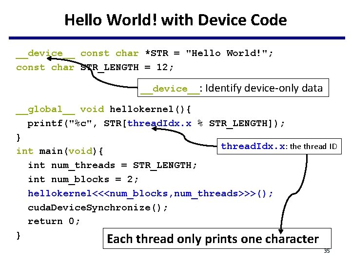 Hello World! with Device Code __device__ const char *STR = "Hello World!"; const char Hello World! with Device Code __device__ const char *STR = "Hello World!"; const char
