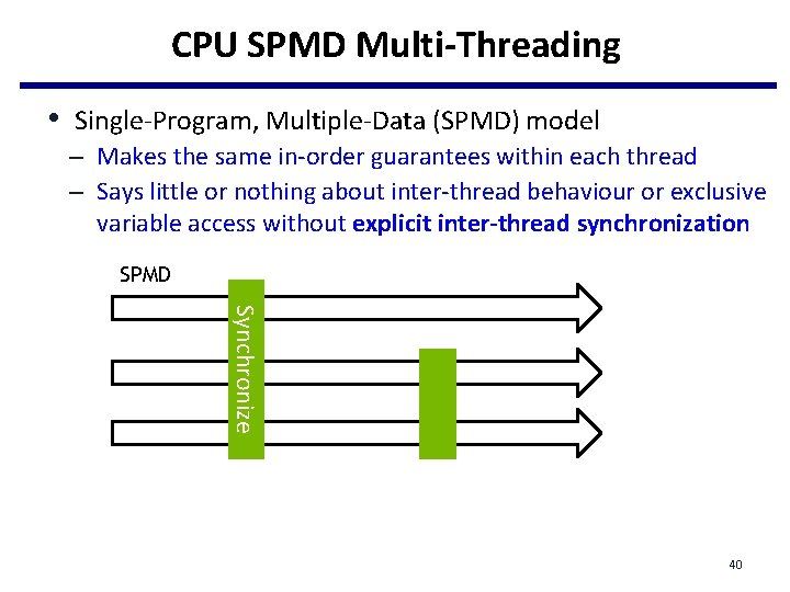 CPU SPMD Multi-Threading • Single-Program, Multiple-Data (SPMD) model – Makes the same in-order guarantees CPU SPMD Multi-Threading • Single-Program, Multiple-Data (SPMD) model – Makes the same in-order guarantees