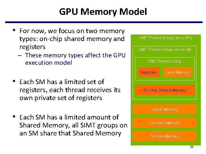 GPU Memory Model • For now, we focus on two memory types: on-chip shared GPU Memory Model • For now, we focus on two memory types: on-chip shared